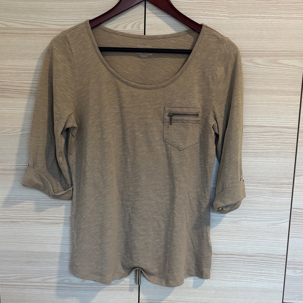 Sonoma Women's Long Sleeve Tan Top with Zipper Pocket